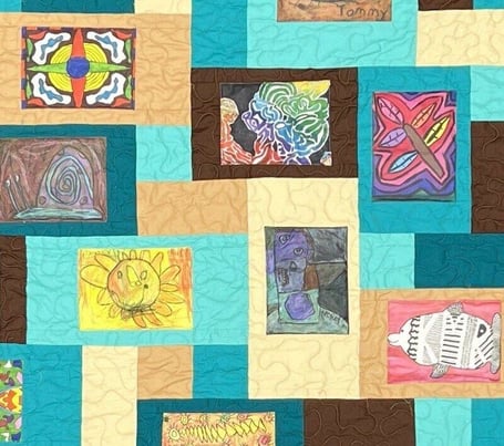 Kids artwork by year close up in a Too Cool T-shirt Quilt