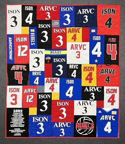so many different numbers on a T-shirt quilt. By Too Cool T-shirt Quilts