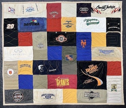 Small ball cap quilt by Too Cool T-shirt Quilts
