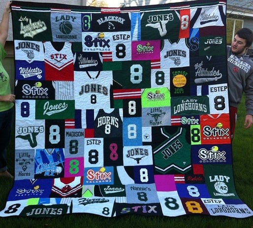 Cheer outfits used in a T-shirt quilt by Too Cool T-shirt Quilts