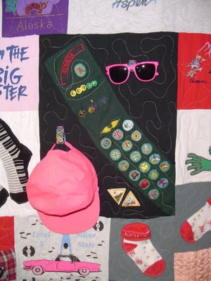 girl scout items in a quilt by Too Cool T-shirt Quilts