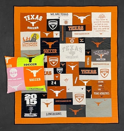 Neon pillow with a texas T-shirt quilt by Too Cool T-shirt Quilts