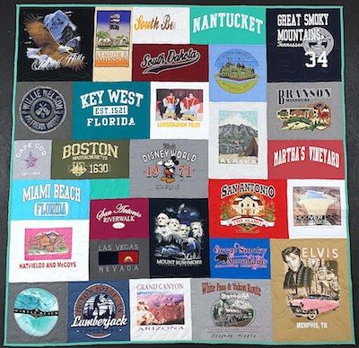 A T-shirt quilt photographed as a trapazoid
